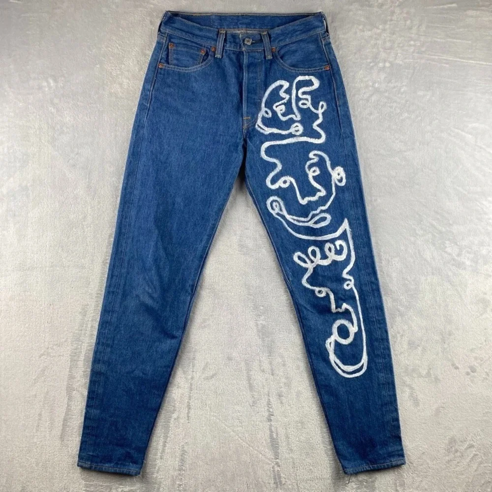 Levis Jeans Mens 29x32 Blue 501 Straight Button Fly Western Design Art Denim